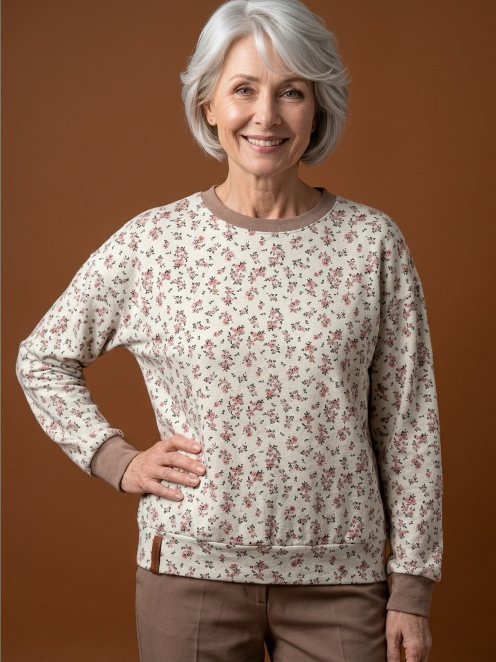 AMPERSAND AVE Cream Floral Crewneck Sweatshirt Cottagecore Cotton Taupe Trim-M